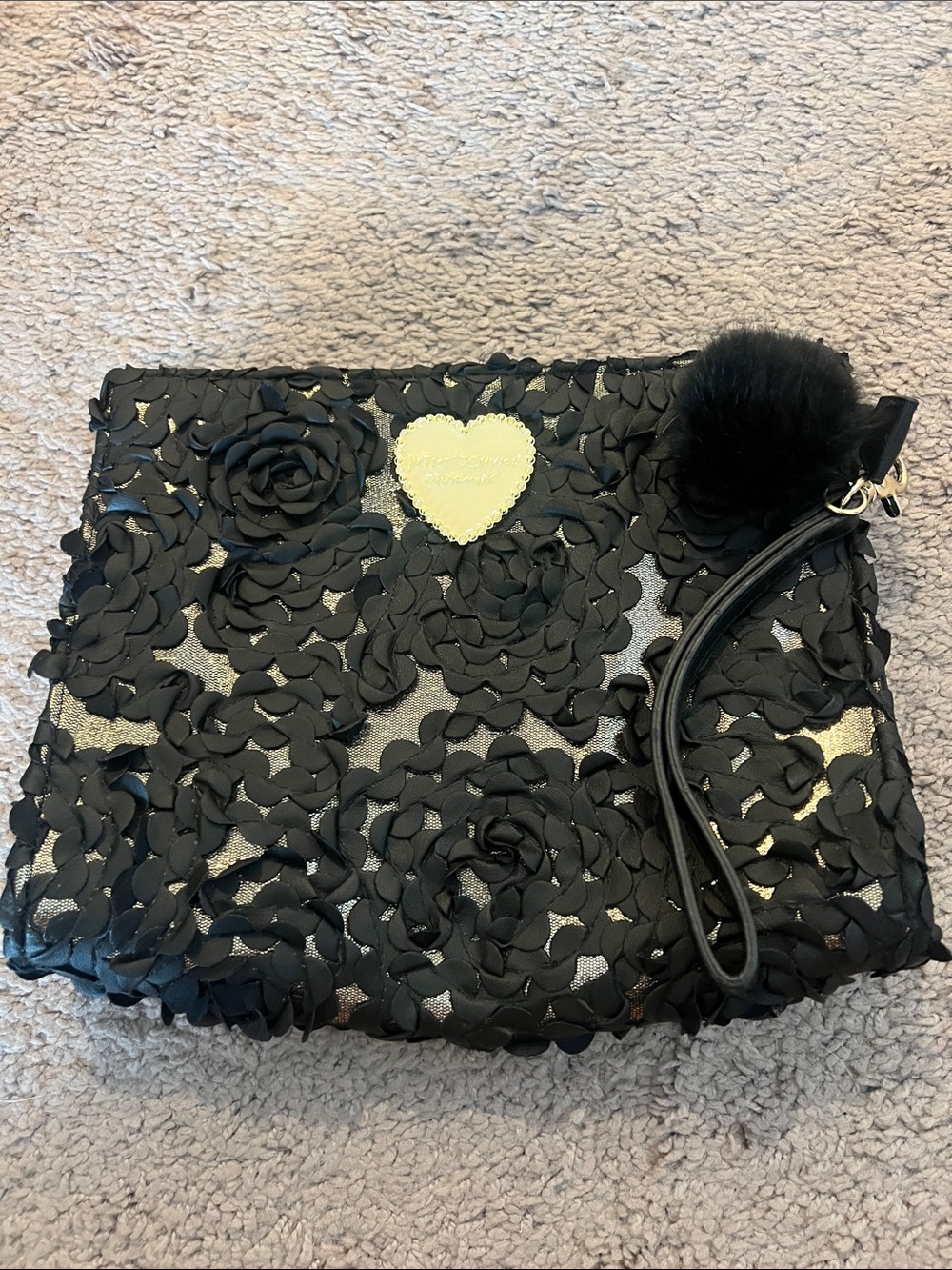 Betsey Johnson Black Floral Applique Wristlet Clutch with Gold Heart Accent